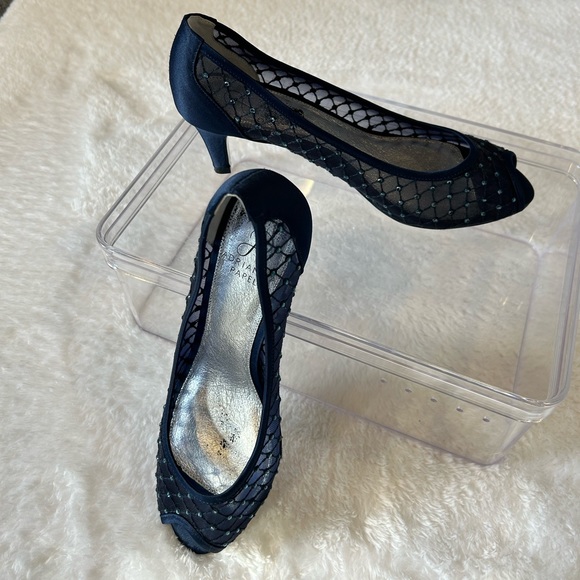 Adrianna Papell navy blue mesh peep toe heels with rhinestones. Size 8W - Picture 3 of 11